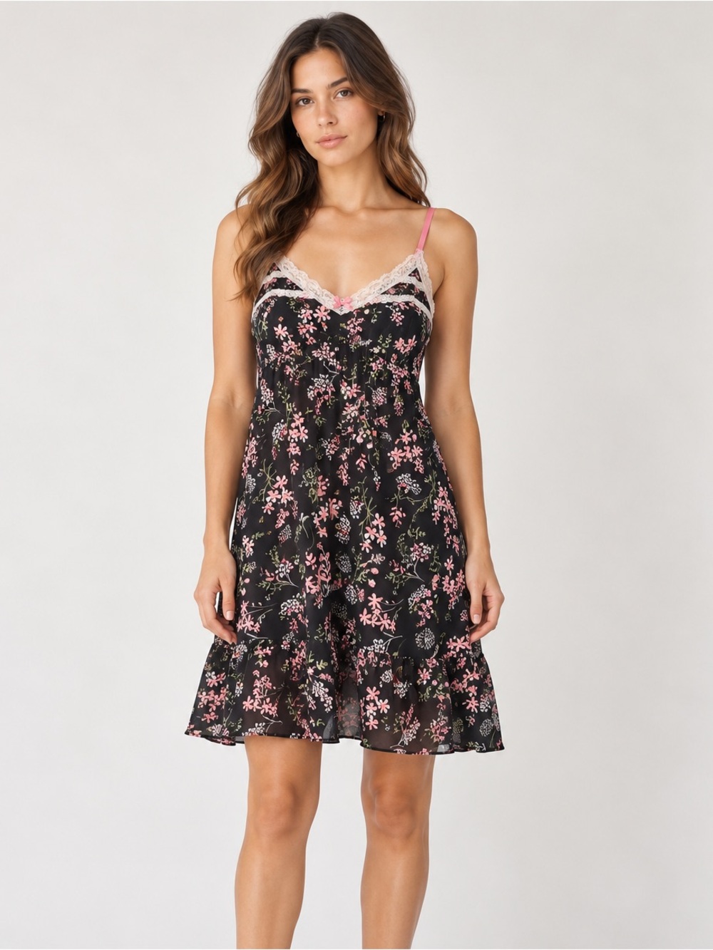 Marilyn Monroe Intimates Black Floral Lace Trim Slip Dress Size XL Y2K